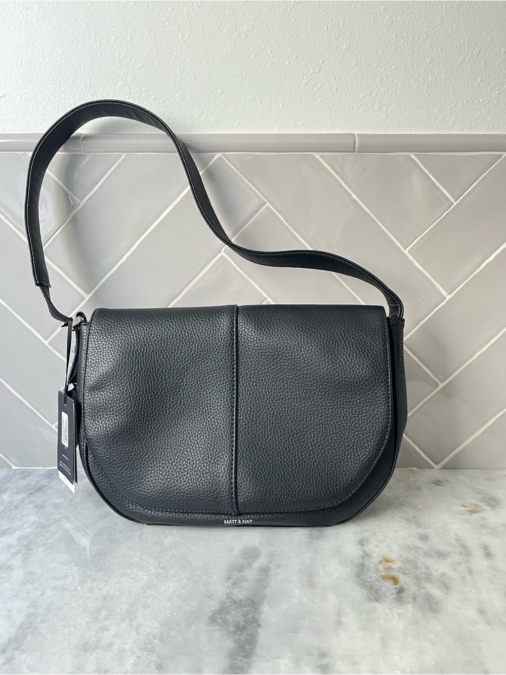 Matt & Nat Black Pebbled Shoulder Bag with Flap